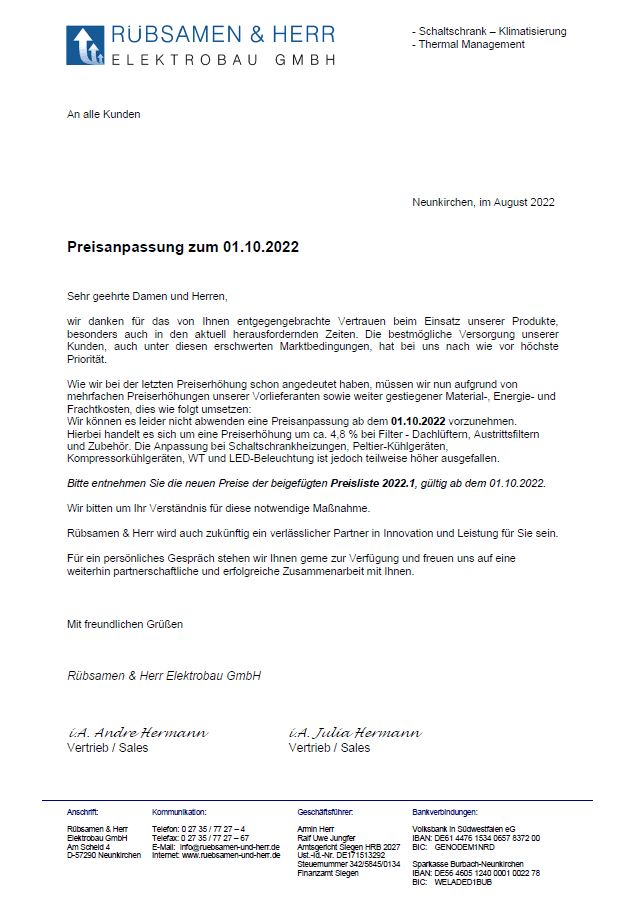 Rubsamen&Herr系列产品10月份涨价通知